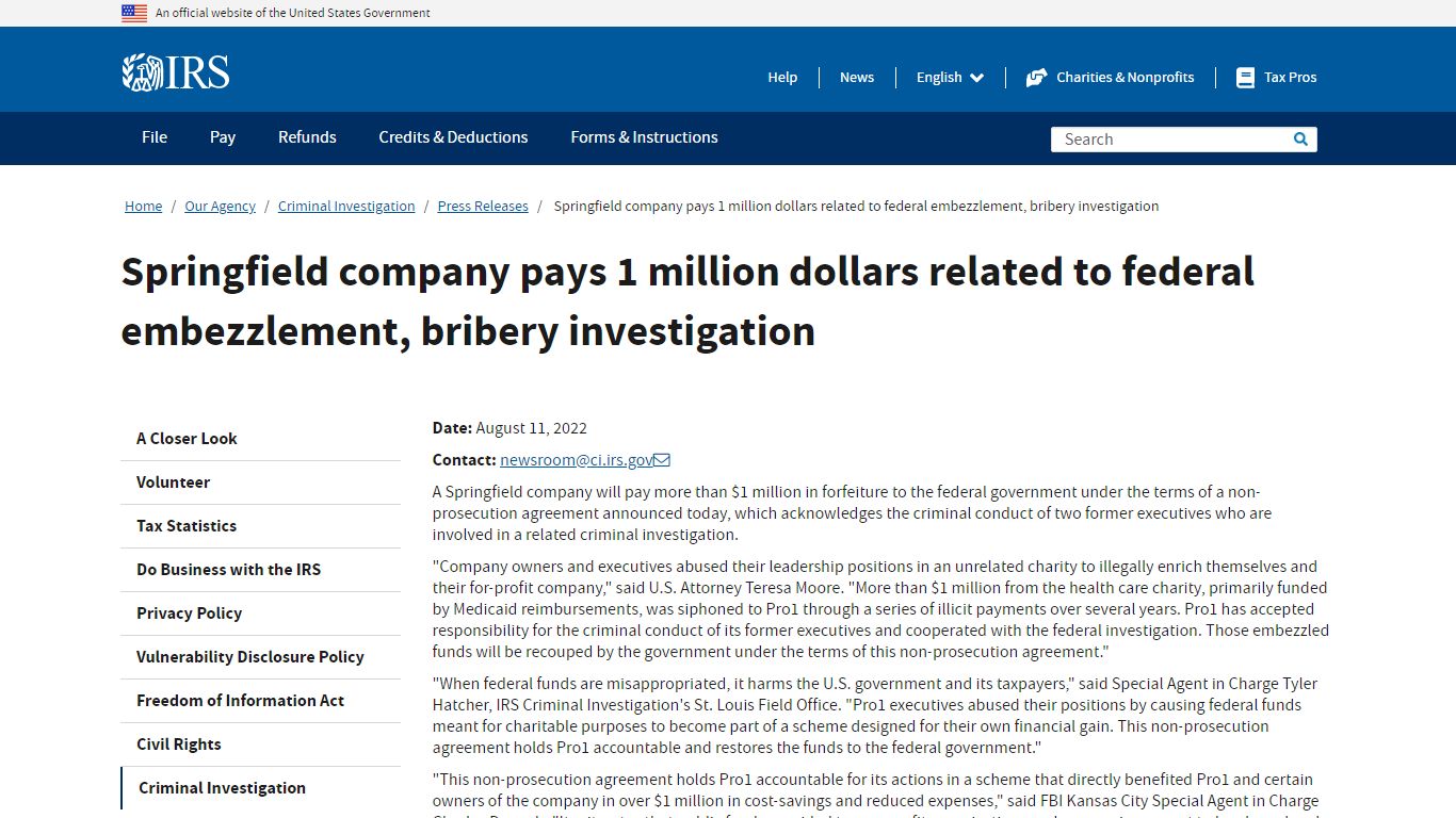 Springfield company pays 1 million dollars related to federal ...